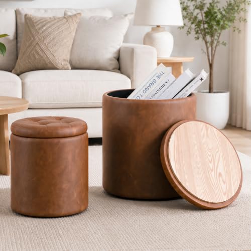 Round Ottoman with Storage Set of 2, 12.6"W x 14.17"H & 14.76"W x 17.32"H Faux Leather Button Tufted Storage Ottoman, Boucle Vanity Stool Footrest Coffee Table for Living Room, Bedroom, Brown - color: Brown