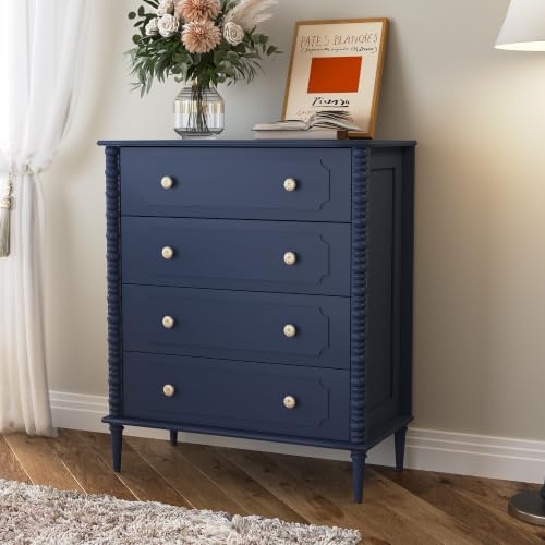 Blue Dresser for Bedroom with 4 Drawer, 37" Tall Chest of Drawers with Turned Legs and Ceramic Knobs,Vertical Dresser, Wood Drawer Storage Organizer for Bedroom, Living Room, Hallway - color: Blue, size: 15.5"D x 32"W x 37"H (4 Drawers)