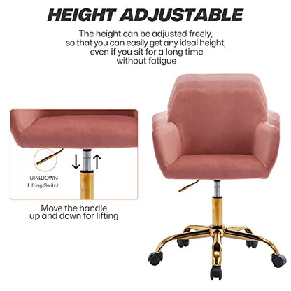 Velvet Makeup Vanity Chair,Home Office Desk Chair with Wheels, Rose | Fluffy Swivel Modern Armchair Upholstered Fuzzy Height Adjustable for Teens Women Girls Elegant for Living Room Bedroom - color: Rose