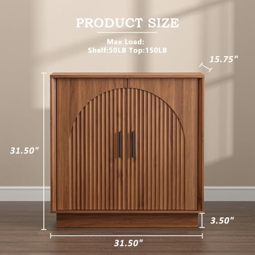 Buffet Cabinet with Storage, 31.5" W Fluted Sideboard Buffet Cabinet with Adjustable Shelves, Single-Box Modern Wood Credenza Accent Storage Cabinet for Dining Room Living Room Hallway, Walnut - color: Walnut, size: 31.5'' WIDE