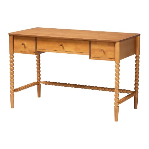 Baxton Studio Lucera Bobbin Writing Desk | 3-Drawer Home Office Desk, Spindle Frame, Oak Brown - color: Oak Brown