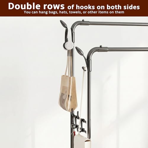 Double Rod Rolling Metal Clothes Rack | Freestanding Garment Organizer With Wheels, Hooks & Shelves, Multi-Functional Storage For Shoes, Clothes & Bags, Ideal For Bedroom Laundry Living Room