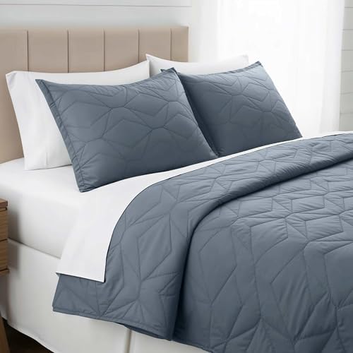 Clara Clark Quilts Twin Size - All Season Bedspread Coverlet Set, Pinsonic Weave Lightweight Bedding Set - 5 Piece Twin Quilt Set with Pillow Shams, Steel Blue - Twin Grid - color: 22 – Slate Blue – Grid, size: Twin