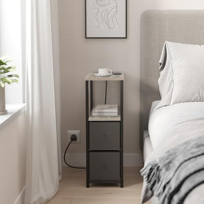 TUTOTAK Narrow End Table with Charging Station, Skinny Side Table | Bedside Table with Outlets, Nightstand with 2 Cloth Drawers, Couch Table for Living Room, Bedroom, Greige TB01BG055 - color: Greige, style: 2 Drawers & Plug