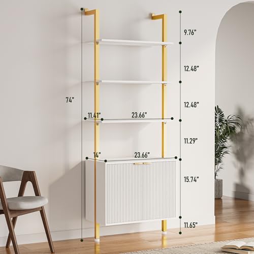 74" Tall Bookshelf with Storage Cabinet, Modern Ladder Shelf with Wood and Metal Frame, Wall Mount Bookcase Open Display Shelf Furniture for Living Room, Bedroom, Home Office, Gold - color: White & Gold