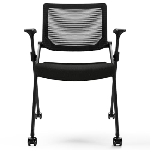 Foldable Office Chair with PU Wheels and Smooth Armrest-Ergonomic Mesh Bouncing Back, Stackable Conference Room Chair, Office Guest & Reception & Meeting Chair (Black)
