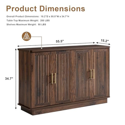 Okvnbjk Modern Sideboard Buffet Cabinet with Storage, Walnut | Fluted Coffee Bar Cabinet with 4 Doors & Adjustable Shelves for Kitchen, Dining Room, Living Room & Hallway - color: Walnut
