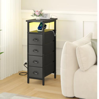 sthmec Nightstand Set 2 with Charging Station, Narrow End Table Set of 2 with 4 Drawers, LED Side Table with Fabric Drawers,Slim Sofa Couch Tables for Small Spaces,Living Room,Bedroom, Black - color: Black, style: Power & LED