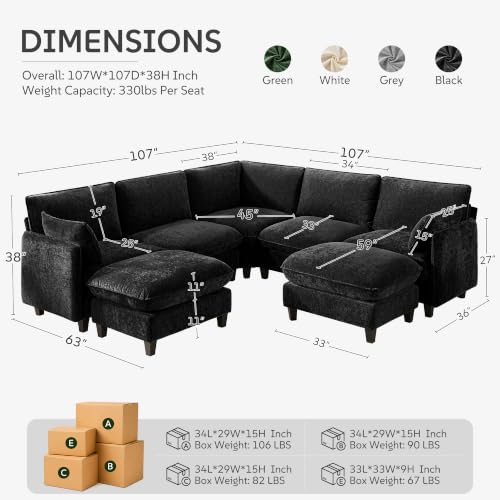Ihanherry 107" Oversized V-Shaped Modular Sectional Sofa, Cloud Couch with Corner Section, Large Cushions and 2 Movable Ottoman, Chenille Deep Seat Couch for Living Room, Black - color: Black, size: 107” 7 Seat V Sofa