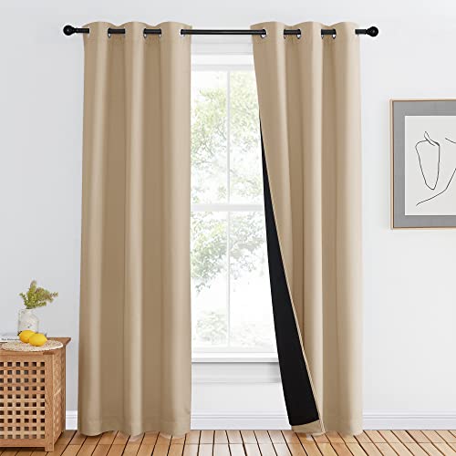 NICETOWN Living Room Completely Shaded Draperies, Biscotti Beige, 1 Piece, W42 x L80, Privacy Protection & Noise Reducing Ring Top Drapes, Black Lined Insulated Window Treatment Curtain Panel - color: Biscotti Beige, size: 42"W x 80"L (Pack of 1)