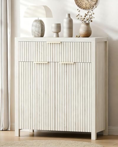 Fluted Buffet Cabinet for Kitchen, 28.3" Sideboard Cabinet White Oak | Adjustable Shelves, Quiet Full-Extension Slides, Curved Metal Handle, Coffee Bar with Drawers for Dining Room, Entryway - color: White Oak, size: 13.8"D x 28.3"W x 32.7"H