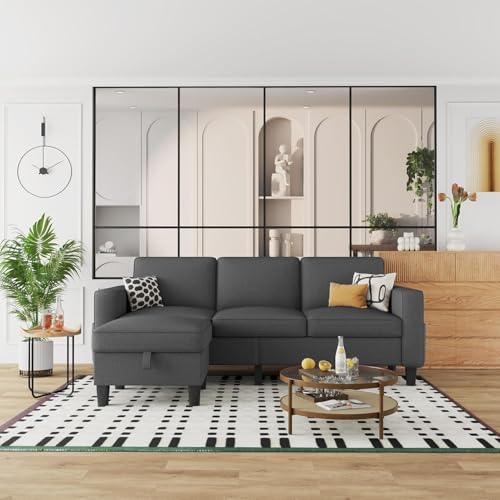 L Shaped Couch for Living Room 3 Seater Sofa with Storage Movable Ottoman | 78"Modern Linen Grey Couches 3 Seats Sofas with Chaise for Studio Apartment Office Basement Small Space, Easy Assembly - color: Dark Grey-linen