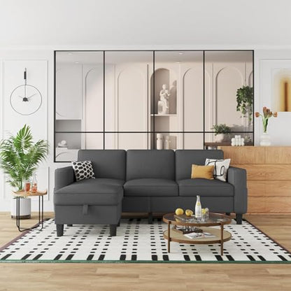 L Shaped Couch for Living Room 3 Seater Sofa with Storage Movable Ottoman | 78"Modern Linen Grey Couches 3 Seats Sofas with Chaise for Studio Apartment Office Basement Small Space, Easy Assembly - color: Dark Grey-linen
