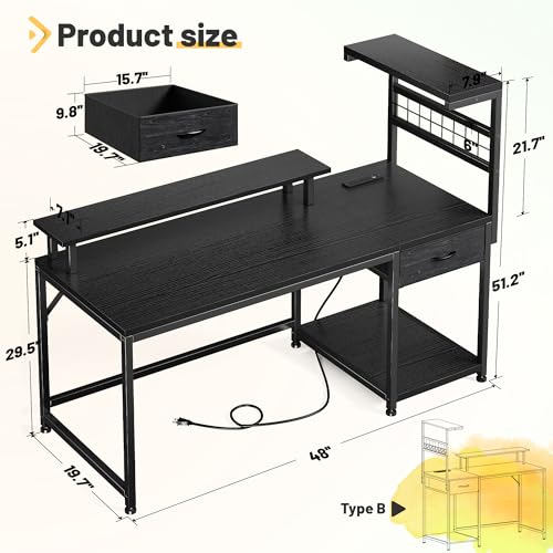 EnHomee 48" Gaming Desk with Drawer, Storage Shelves & LED for Gaming Room | Storage Drawer & Shelves Plus Remote LED Lights; Hold Gadgets and Create Ambient Vibe for Living & Gaming Corner, Black - color: Black, size: 48" W