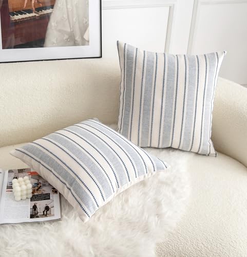 Cethom Decorative Boho Throw Pillow Covers, Farmhouse Textured Pillow Case, 20 x 20 Inch Set of 2, Chair Sofa Bedroom Living Room Home Decor Couch Cushion Case, Classic Blue and Beige Striped - color: Classic Blue, size: 20" x 20" (Pack of 2)