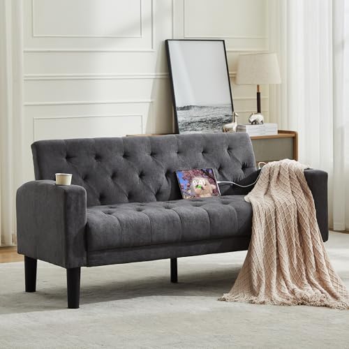 TYBOATLE 157.5cm(62인치) W 2인용 소파 USB 충전기 포트 2개와 컵홀더 2개 포함 | Mid-Century 모던 터프트 리넨 원단 작은 러브 시트 카우치 컴팩트한 거실, 침실, 아파트, 기숙사용 - color: 다크 그레이.