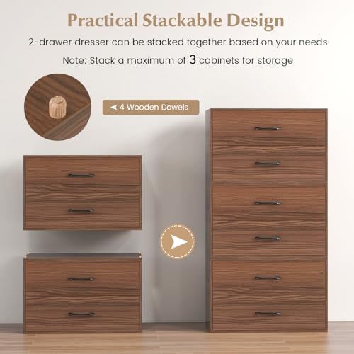 2-Drawer Stackable Dresser, Horizontal Storage Cabinet (1, Walnut) | Lateral File Cabinet | Stacking Drawer Chest | Metal Handle | Anti-Topping Kits | For Living Room, Study, Office - color: Walnut