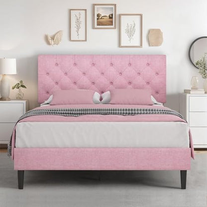 HOMBCK Full Bed Frame with Headboard, Linen Fabric Upholstered Bed Frame Full, Pink Bed Frame with Wood Slats, Button Tufted, No Box Spring Needed, Pink - color: Pink, size: Full