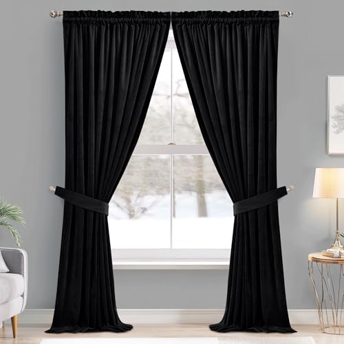 Black Blackout Curtains Dual Rod Pocket, W52 x L63 inches, 2 Panels | 300GSM Soft Heavy Velvet, Thermal Insulated, Noise Reducing, Bedroom, Home Office, Theater Media Room - color: Neutral Series - Black, size: 52"W x 63"L (Pack of 2)