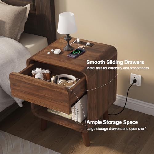 Nasonet Small Night Stand Set 2, 17.7'' Wide Bedside Table with Charging Station, Mid Century Modern Nightstands with Drawers, End Table for Living Room, Curved Beveled Design, Walnut - color: Walnut, size: 1 Drawer
