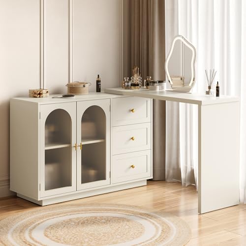 FansaFurn 83" L-Shaped Vanity Desk for Bedroom | 3 Drawer & 2 Door, Rotatable Tabletop, Oversized Makeup Table for Women Girls, Wood Dresser for Apartment, Home Office, White - color: White, size: 83”