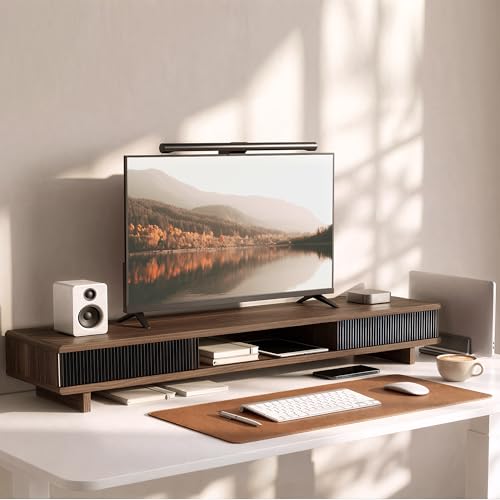 Dual Monitor Stand Riser with Storage Drawer for Desk Organization | Fits Dual 32" Monitors, Walnut Finish, Hidden Storage, Ergonomic Height, Holds 110lbs, No Flex, Quick Setup