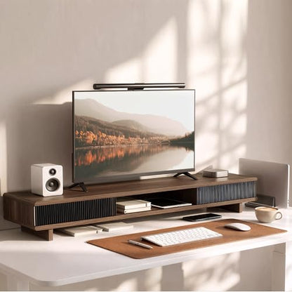 Dual Monitor Stand Riser with Storage Drawer for Desk Organization | Fits Dual 32" Monitors, Walnut Finish, Hidden Storage, Ergonomic Height, Holds 110lbs, No Flex, Quick Setup