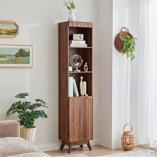 Turtle&Myrtle Tall Narrow Bookshelf, Mid Century Modern,Natural | Skinny Fluted Book Shelf with Door, Slim Open Display Shelves for Small Space, Tall Thin Bookshelf with Adjustable Shelves - color: Walnut-door, size: 11.8"D x 15.75"W x 71"H