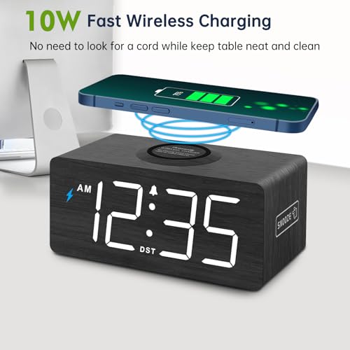 DreamSky Wooden Digital Alarm Clock with Wireless Charging for Bedroom | Bedside Nightstand Clock with Charger Station, USB Port, Large Numbers, Adjustable Volume, Brightness Dimmer, DST - color: Black