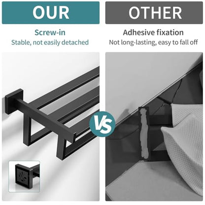 STWWO Towel Racks for Bathroom Wall Mounted, 24 Inch Black Double Towel Bar | Dual Towel Rack with Shelf, Double Towel Bar with Shelf, Stainless Steel Hand Towel Hanger, Bath Towel Holder for Wall - color: Black