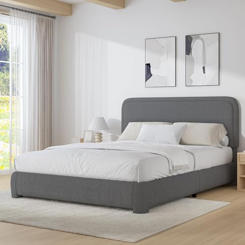 BarnFurin Full Bed Frame, Cloud Boucle Headboard, Low Profile, Dark Grey | Soft boucle and rounded edges create a low-profile cloud look. Wooden slats support the mattress without a box spring - color: Dark Grey, size: Full