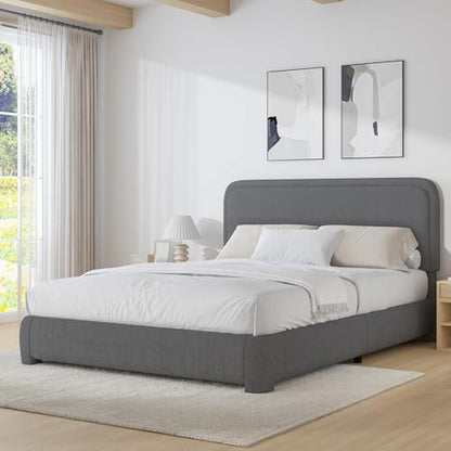 BarnFurin Full Bed Frame, Cloud Boucle Headboard, Low Profile, Dark Grey | Soft boucle and rounded edges create a low-profile cloud look. Wooden slats support the mattress without a box spring - color: Dark Grey, size: Full