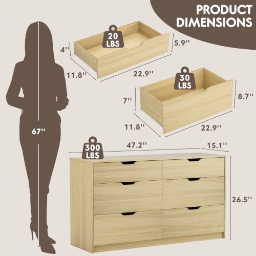YESHOMY Dresser for Bedroom, 47.2" Modern Wood Chest with 6 Drawers | Two Drawer Sizes, Anti-Tip, Storage Cabinet & TV Stand for Living Room, Closet, Entryway, Natural Oak - color: Natural Oak