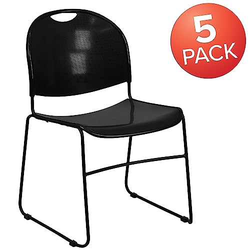 Flash Furniture Hercules Series Ultra-Compact Plastic Stacking Event/Waiting Room Chairs, Ergonomic Lobby Chairs with Contoured Seats, Set of 5, Black - color: Black Plastic/Black Frame, size: set of 5