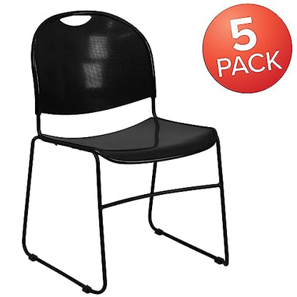 Flash Furniture Hercules Series Ultra-Compact Plastic Stacking Event/Waiting Room Chairs, Ergonomic Lobby Chairs with Contoured Seats, Set of 5, Black - color: Black Plastic/Black Frame, size: set of 5