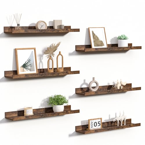 upsimples Floating Shelves for Wall Decor and Storage, Brown, 6Pcs 23.6'' | Wall Mounted Wood Shelves for Living Room, Bedroom, Bathroom, Kitchen, Office, Nursery Room, Coffee Bar Display and Organize - color: Brown, size: 23.6in