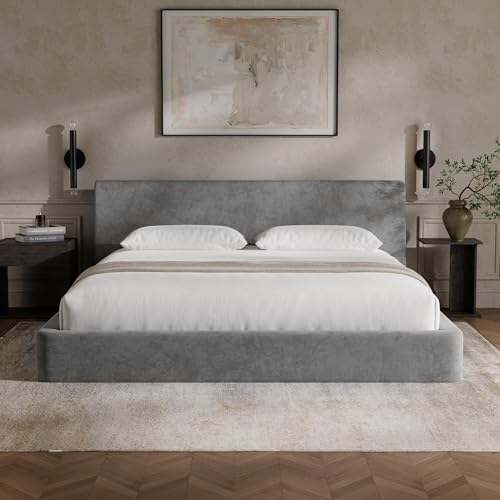 RECCI AirFrame King Upholstered Bed Frame with Ergonomic Angled Headboard | Ergonomic Angled Headboard, 360° Soft Foam Surround, Low Profile Cloud Bed Frame, No Box Spring Required, Easy Assembly - color: Moon Grey, size: King