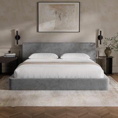 RECCI AirFrame King Upholstered Bed Frame with Ergonomic Angled Headboard | Ergonomic Angled Headboard, 360° Soft Foam Surround, Low Profile Cloud Bed Frame, No Box Spring Required, Easy Assembly - color: Moon Grey, size: King