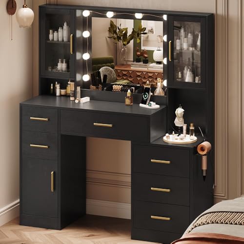 TOKSOM Makeup Vanity Desk with Mirror and Lights, 51" Makeup Vanity with Lights & Charging Station, Dressing Table Vanity Set for Bedroom, Vanity Table with 6 Drawers and 3 Cabinet Black - size: 51 inch, style: Modern Black