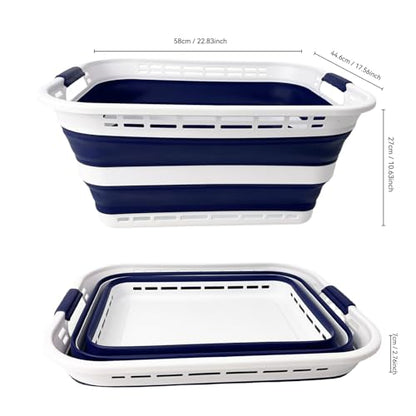 SAMMART 42L (11 Gallons) Collapsible Plastic Laundry Basket - Foldable Pop Up Storage Container/Organizer - Portable Washing Tub - Space Saving Hamper/Basket [BPA Free] (White/Starry Blue (Set of 2)) - color: White/Starry Blue (Set of 2)