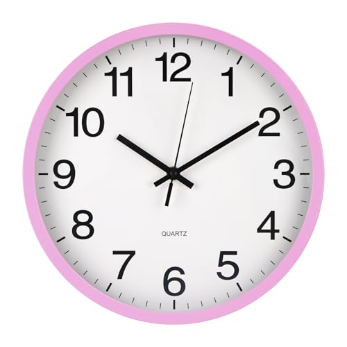 Wall Clock Non-Ticking Silent Quartz Movement Decor Clock Modern Simple Style Round Plastic Wall Clocks for Home/Office/School/Living Room/Bedroom/Kitchen (Pink, 12 Inch) - color: Pink