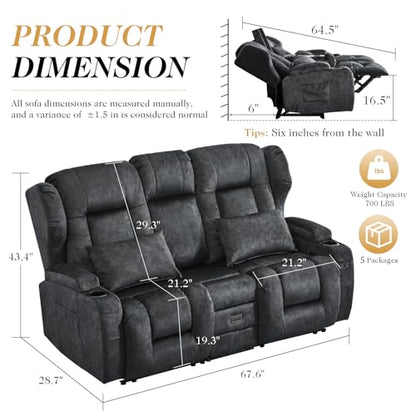 Loveseat Recliner Sofa,RV Wall Hugger Recliners with Flip-up Console,Reclining Loveseat Sofa Recliner with Cup Holders/Lumbar Pillows for Small Spaces,RV Furniture (Gray, 68" 2-Seater) - color: Grey, size: 68" 2-Seater