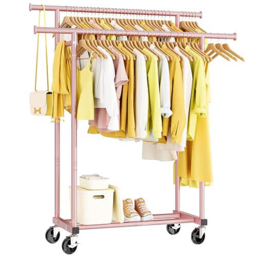 HYSEYY Double Rods Clothes Rack, Sturdy Rolling Clothing Rack, Portable Clothing Racks for Hanging Clothes - Metal Garment Rack Wardrobe Coat Rack for Bedroom Laundry Living Room, Pink - color: Pink
