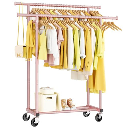 HYSEYY Double Rods Clothes Rack, Sturdy Rolling Clothing Rack, Portable Clothing Racks for Hanging Clothes - Metal Garment Rack Wardrobe Coat Rack for Bedroom Laundry Living Room, Pink - color: Pink