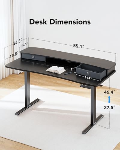 HUANUO 55 x 26 Standing Desk with 2 Drawers, C-Clamp Compatible, Black - color: Black, size: 55" X 26"