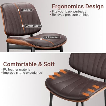 YaFiti Mid Century Dining Chairs Set of 2 with Walnut Bentwood, Brown | Ergonomic Walnut Backrest, Upholstered Waterproof PU Leather Seat, Stable Metal Legs, Adjustable Footpads, Apartment Friendly - color: Brown Scallop