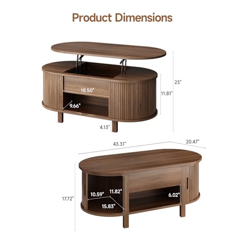43.3" Oval Lift Top Fluted Coffee Table with Sliding Door, Walnut | Mid-Century Modern Fluted Coffee Table with Lift Tabletop & Multi-Storage Spaces, Dining Table for Living Room, Home Office - color: Walnut