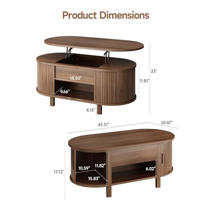 43.3" Oval Lift Top Fluted Coffee Table with Sliding Door, Walnut | Mid-Century Modern Fluted Coffee Table with Lift Tabletop & Multi-Storage Spaces, Dining Table for Living Room, Home Office - color: Walnut
