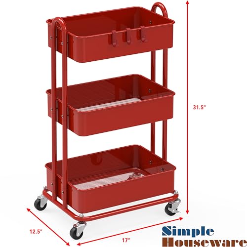 Simple Houseware 3-Tier Heavy Duty Metal Utility Rolling Cart, Red - color: Red