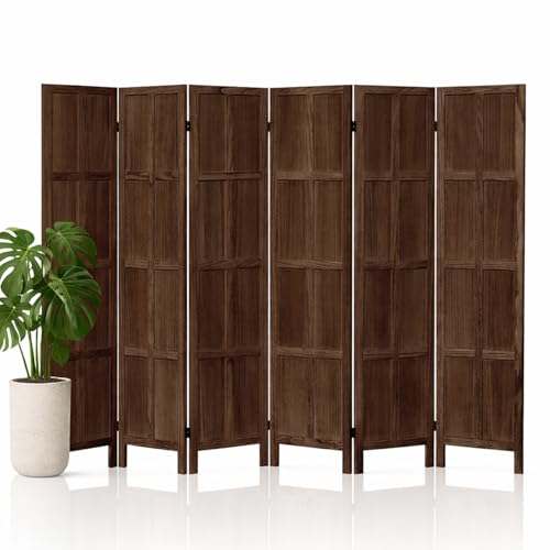6 Panel Wood Room Divider and Folding Privacy Screen 67″, Brown | Solid Paulownia Wood Room Partition with 360° Hinges, Freestanding Wall Divider for Room Separation, Home, Bedroom, Office - color: 6 Panels Brown, size: 6 Panels